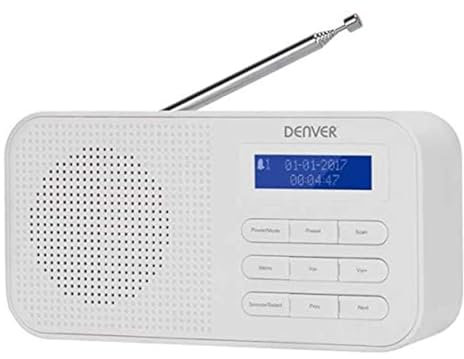 Radio digitale DAB + e FM. DENVER DAB-42WHITE. Orologio, sveglia e sveglia. Funziona con batteria e alimentazione. Volume 1W. Rifinito in legno.