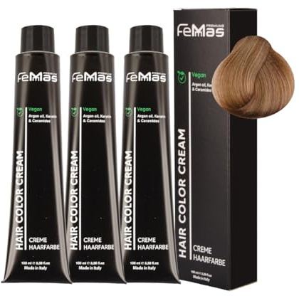 FemMas Tinte para el cabello 3 x rubio medio arena 7.7 I crema tinte para el cabello con aceite de argán, queratina y ceramidas I Como coloración permanente del cabello o tinte para obtener resultados