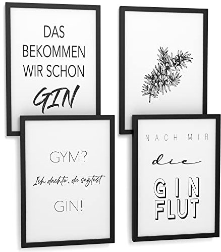 Papierschmiede® Premium Spruchposter Set 4er DIN A4 (21x30 cm) Motiv: Gin (deutsch), Poster mit Sprüchen, Motivation Bild, für Küche Wohnzimmer - ohne Bilderrahmen