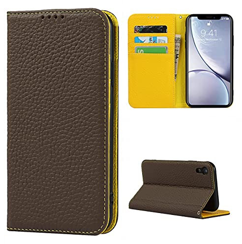 Copmob Phone Case iPhone XR,Flip Genuine Leather Wallet Case,[4 Slots][Magnetic closure][With Lanyard],Protective Cover Case for iPhone XR - Brown