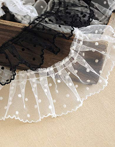 Yulakes Ribete de encaje de organza de 3 m, tejido de tul, tela plisada, cenefa de encaje plisada, borde de encaje plisado con volantes, cordones de malla (negro)