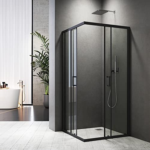 BD-Baode Duschkabine Eckdusche Schiebetür 90x75x185cm Eckeinstieg Schwarz-matt, Duschkabine Doppel Schiebetür Duschkabine 6mm ESG Glas, Höhe 185cm Duschabtrennung Schiebetür