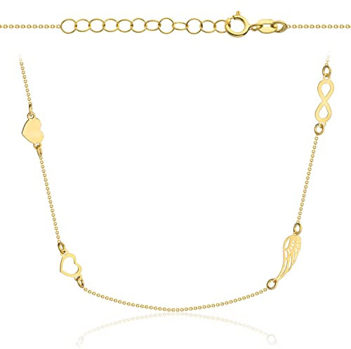 Goldene Damen Halskette 333 8k Gold Gelbgold Kette mit Anhänger Unendlichkeit Engelsflügel Herz Gravur