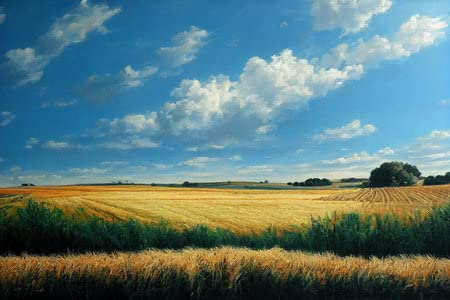 adrium Tableau en bois 50 x 30 cm : peinture à l'huile Paysage, Champ de blé et ciel bleu (192677946)