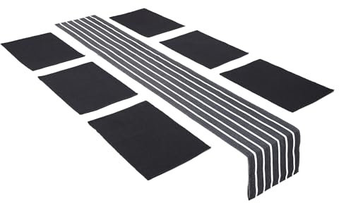 Encasa XO Tischläufer und Platzset Set 6 | Feingerippte Baumwolle | Romagrau | 1 Tischläufer Größe 32x200 cm & Jede Tischmatte Größe 48x32 cm