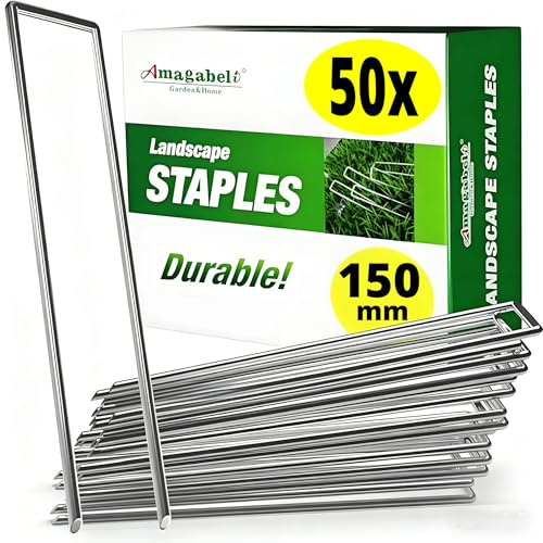 Amagabeli Garden Home 50 Picchetti Pacciamatura a U in Acciaio Lunghi 150mm Diametro Ø3mm Ancoraggio Premium a Terra Telo Chiodi Pacciamatura Impermeabile Erbacce Ancore per Reti Recinzioni