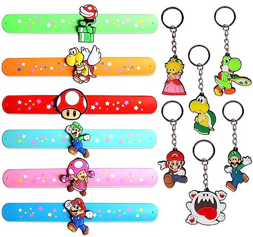 Set di Bomboniere per la Festa, 6 Braccialetti a Scatto di Bros per Bambini e Ragazzi + 6 Portachiavi, Regali per Bambini e Accessori per Feste di Compleanno