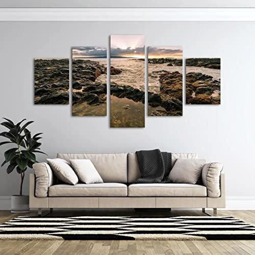 5 Stück Canva Wandkunst Gemälde Strand Wellen Riff Landschaft L/150 X 80 Cm Wanddekoration Für Wohnzimmer Schlafzimmer Büro Wandmalerei Druck Auf Leinwand Wandbild Poster Foto Home Decorations