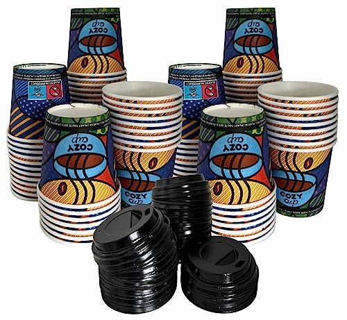 Intertan 100 Kaffeebecher mit Deckel To Go Pappe 120ml Design COZY CUPS Einweg für Kaffee & Tee - Einwegbecher für Heißgetränke bis 95°C und Kaltgetränke für Unterwegs, Büro, Uni, Party, Picknick