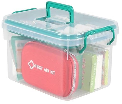 Oymlclivisa Plastic First Aid Medicine Box, Household First Aid Kit with Handles and Lid, Clear