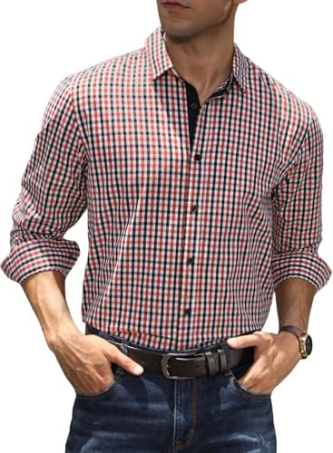 Elegancity Mens Dress Shirt Plaid Cotton Business Formal Shirts Regular-Fit Wrinkle-Free Long Sleeve Button Down Casual Shirts (Red, XX-Large)