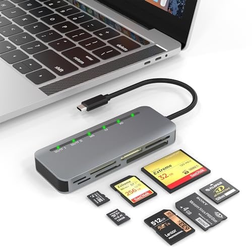 Lettore di schede USB-C di memoria in alluminio 7-in-1, ad alta velocità CF/SD/TF/XD/MS/Micro SD Card Solt, Adattatore Memory Stick Pro Duo USB C per WIN XP/Vista/Mac OS/Linux/Serie iPhone 15