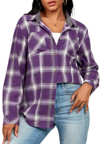Deer Lady Camicie in flanella scozzese da donna camicie a quadri di bufalo oversize a maniche lunghe casual con bottoni, Viola e bianco., 3XL