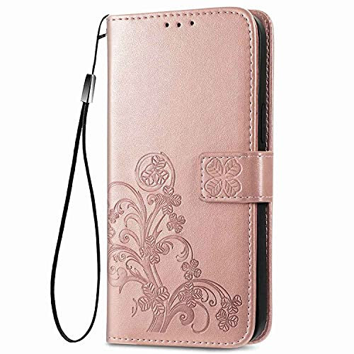 WBWONE Hülle für Motorola Moto G54 5G, Premium TPU/PU Leder Klappbar Glückskleeblattprägung Schutzhülle Handyhülle mit Standfunktion & Kartensteckplätzen, Roségold