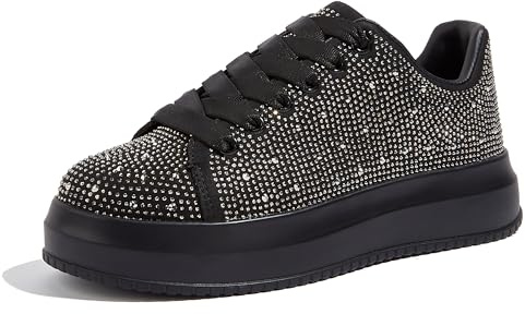 LUCKY STEP Women's Rhinestone Platform Sparkly Trainers | Rhinestone upper, soft fabric lining, cushioned insole, lace-up fit and platform rubber sole for parties and casual looks.