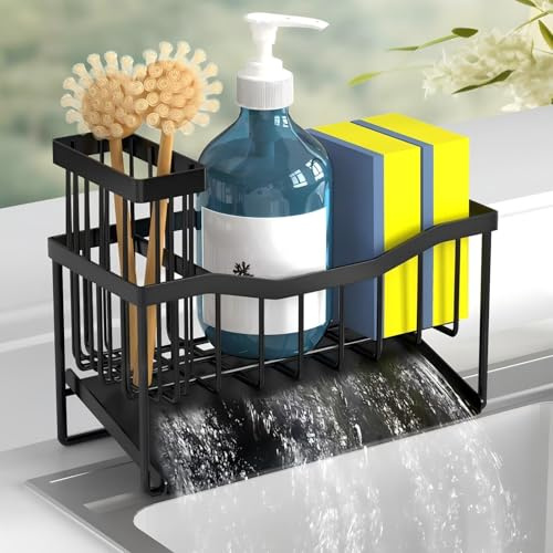 Fssvcd Maifan - Soporte de esponja para fregadero de cocina con soporte para cepillos y bandeja de drenaje automático de acero inoxidable, organizador de fregadero de cocina inoxidable para esponja,