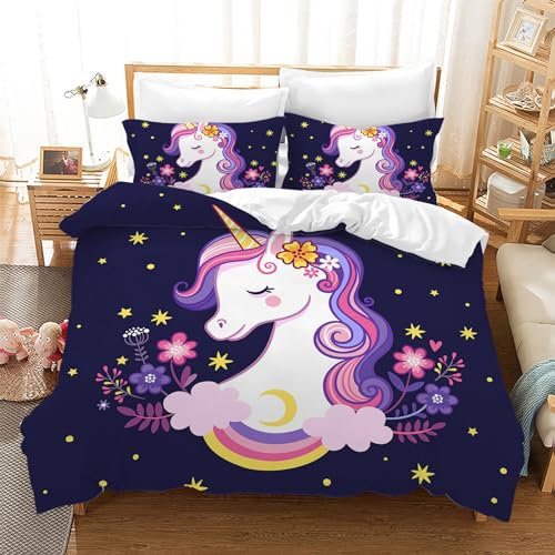Leleyouzer Einhorn Bettwäsche für Mädchen Kinder,Weiche und Bequeme Mikrofaser Bettwäsche,Niedlicher Einhorn Bettbezug mit Reißverschluss + 2 Kopfkissenbezüge 50 x 75cm (E 3, 135×200 cm)