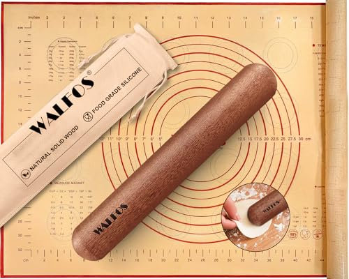 Walfos Mini Rolling Pin Set - Small Natural Wooden Rolling Pins (8inch) With Non-stick Silicone Fiber Baking Mat, Baking Dough Roller for Pizza, Pie, Pasta, Bread, Pastry