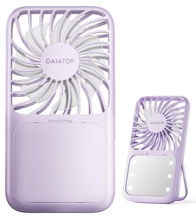 Gaiatop Portable Handheld Fan, Folding Stand for Desktop, 3 Speed LED Makeup Mirror with Light, Rechargeable Mini Personal Fans Small Travel Essentials Gifts for Women Girls Purple