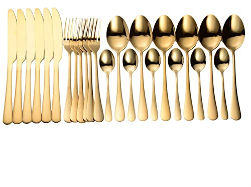 GaRcan Ensembles de Couverts Vaisselle en Acier Inoxydable Couverts dorés Ensemble de Couteaux à Fourchette Modernes Couverts de Cuisine dorés Noirs 24 pièces Ensemble de Couverts de Table (Or 6sets)