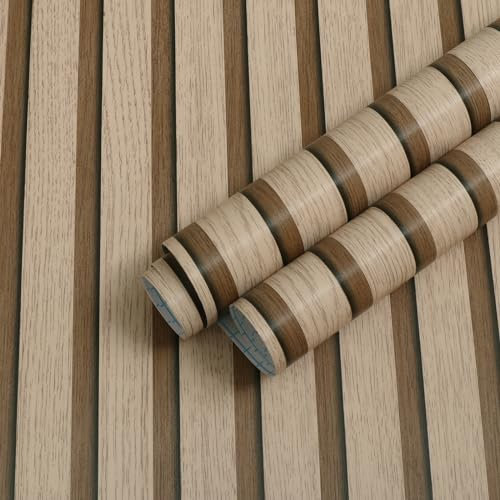 Brown Wood Wallpaper Self Adhesive Wood Panel Wallpaper Wooden Slats Effect Peel and Stick Vinyl 44x300cm Sticky Back Contact Paper Wood Plank Vintage Wall Covering Rustic Film