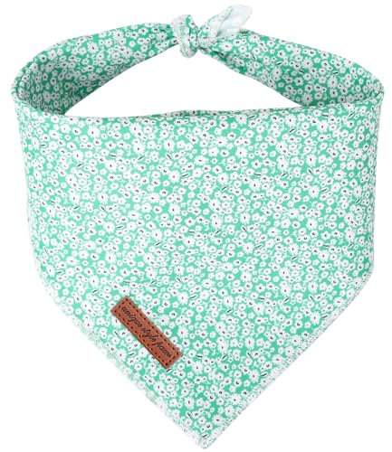 Unique style paws Sommer Hundeschal Triangle Halsdreiecke Für Jungen Mädchen Grün Hunde Hochwertiger Weiße Blume Strapazierfähiger Stoff Hundehalstücher für Kleine Mittel Große Hunde und KatzenS