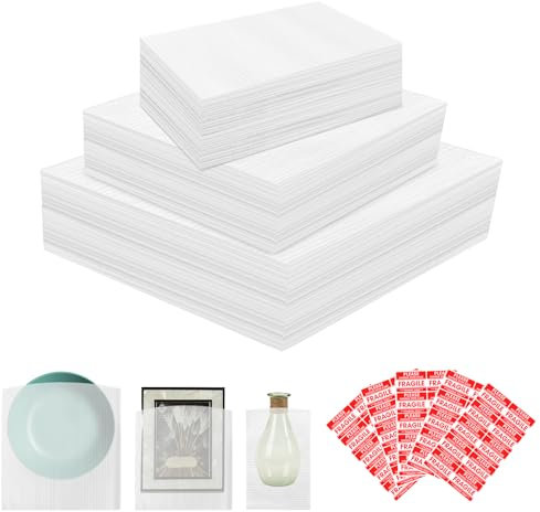 Schaumstoffbeutel, 150 Stück und 50 zerbrechliche Etiketten, 0,6 cm dick, 3 Größen (19,1 x 19,1 cm, 19,1 x 30,5 cm, 30,5 x 30,5 cm), Kissenschaumbeutel für Verpackung, Aufbewahrung und Versand,