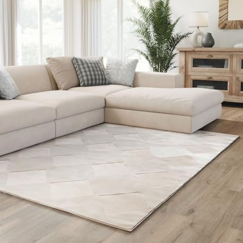 Interiyou Teppich Wohnzimmer Cannes - 140x200 cm Creme - Für Schlafzimmer, Esszimmer, Kinderzimmer - Kurzflorteppich skandinavisches Boho Muster - Hoch-Tief Effekt - Flach mit Geometrischem Muster