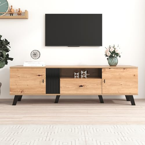 BTM Meuble TV Bois et Noir, Meuble TV Salon avec 1 Tiroir et 1 Compartiment, Porte Haute, Meuble Télé 170cm de Longueur, Banc TV 170 x40x50cm, Brun