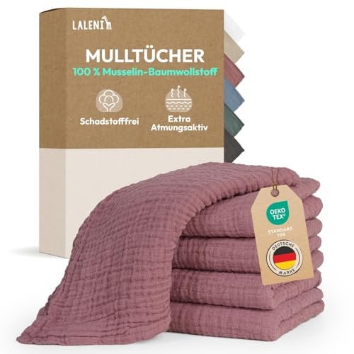 Laleni Spucktücher Baby im 5er Set aus Reiner Baumwolle - schadstofffreie Mulltücher Baby 70x70 - zert.saugstarke Mussellintücher weich - Musselin Tuch als Mullwindel waschbare Mulltücher - Rosa