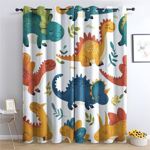 Generisch Bunte Dino Tiere Vorhang, Dino Gardinen,2er Set Verdunkelungsvorhang, Cartoon Dino Vorhänge, Wohnzimmer Kinderzimmer Schlafzimmer Thermovorhang Schallschutz Blickdichte vorhänge, 150x166 cm