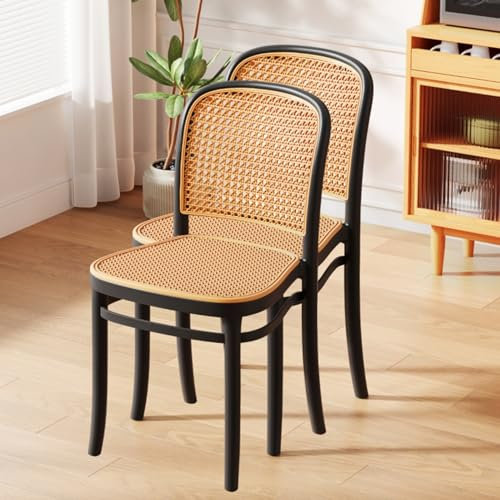 Meedlopia Massivholz-Rattan-Mid-Century-Modern-Esszimmerstuhl, Stühle Rattan-Esszimmerstühle 4er-Set, armloser Holzstuhl mit handgeflochtener Rattan-Rückenlehne, Lounge-Sitzhocker