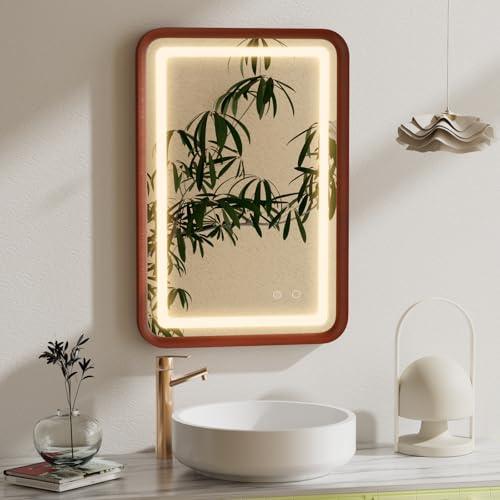 OUSIMY Espejo de baño de 24 x 16 pulgadas con marco de madera, espejo LED para baño, espejo de pared regulable continuo con 3 colores, antivaho, a prueba de roturas