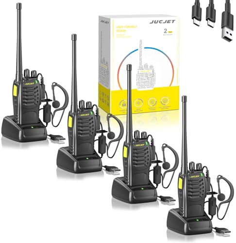 JUCJET (confezione da 4) Walkie Talkie 888HD, inclusi auricolari originali, cavo Type-C, base di ricarica USB, con abbinamento con un clic, riduzione del rumore vocale e crittografia digitale (nero)