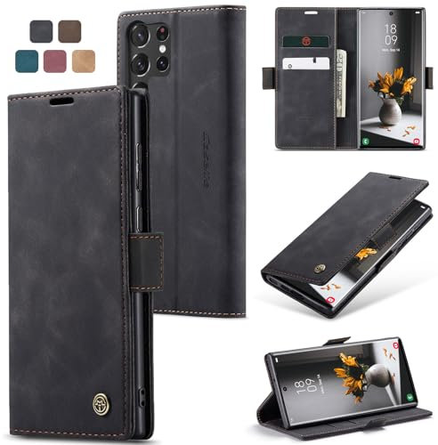 owlhold Handyhülle für Samsung Galaxy S23 Ultra Hülle Premium Lederhülle Weiches Vintage-Nubukleder Faltbare Ständer Schutzhülle Kartenfach Standfunktion klapphülle Samsung S23 Ultra 5G -Schwarz