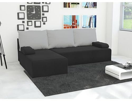 Easy4You Ecksofa Mini L-Form Schwarz/Grau – 202x79x140 cm - Schlafsofa mit Bettkasten und Schlaffunktion - Eckcouch mit Stauraum – Links – Stoff Mikrophase 15/14