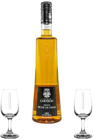 Gift Set 2 Glasses + 1 Bottle Liqueur, Personalised Laser Engraved Gift Idea with Personal Note, Engraved Liquor Glasses, Gift Box (with Creme de Peche 18% Vol, Sherry Goblet 12cl)