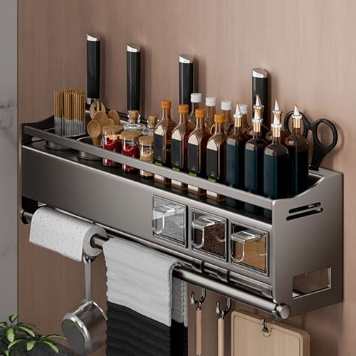 Giural Gewürzregal Wand aus Metall - Küchenregal Wand - Hängend Selbstklebend Gewürz Organizer - Ohne Bohren Spice Rack mit Besteckhalter, Papierhandtuchhalter, Haken, Messerhalter,43cm