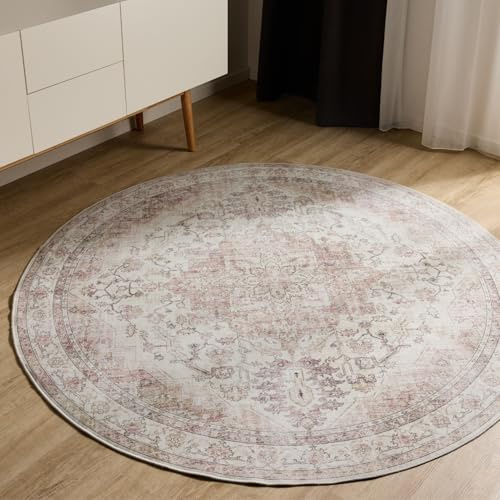 benuta Basic Waschbarer Teppich George - Rosa/Beige 120 cm rund - Kunstfaser - rund & im Style: Vintage, Elegant, Retro - Pflegeleicht für Wohnzimmer Schlafzimmer