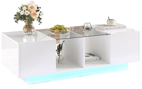 Azkoeesy LED Couchtisch Hochglanz weiß mit Glasplatte und Ablagefläche, 16-farbige LED, Kaffeetisch für Wohnzimmer und Büro