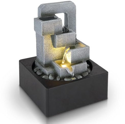 bmf-versand® Zimmerbrunnen mit Beleuchtung – Hübsche Dekoleuchte mit Dekolicht – Tischbrunnen mit Leuchtfunktion Pumpe Grau 5 Stufen
