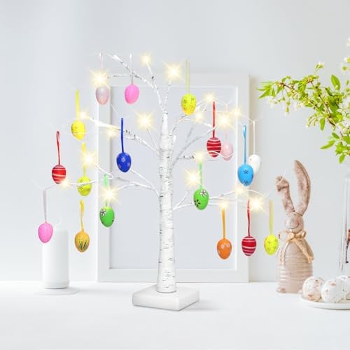 Osterdekorationen mit bunten Ostern,Eier Dekorationen 12Pcs Baum,Weiß Ostern Künstlichen Zweig Baum mit Lichtern,Osterdekorationen Geschenke für Osterdekoration und Weihnachten