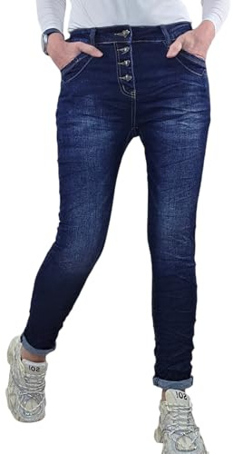 Jewelly Stretch jeans | i säckig pojkvän snitt | dambyxor med dekorativ knapplist | perfekt passform