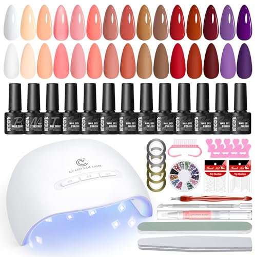 PEACECOLOR 34PCS Gel Nail Polish Set- Gel Nail Kits with Lamp Starter Kit 15 Colours Classic Nude Red White Pink Nail Salon Set Nail Art Gifts for Women Manicure Tools