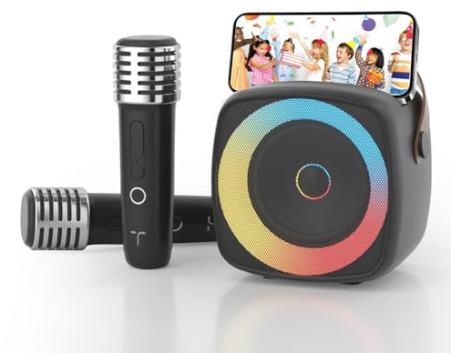 Karaoke Machine 2 Microphones for Boys Girls, Wireless Portable Bluetooth Speaker with Dynamic Lights for Kids Adults Mini Voice Changer Mic Speaker Set with Phone Holder for Home Party(Black)