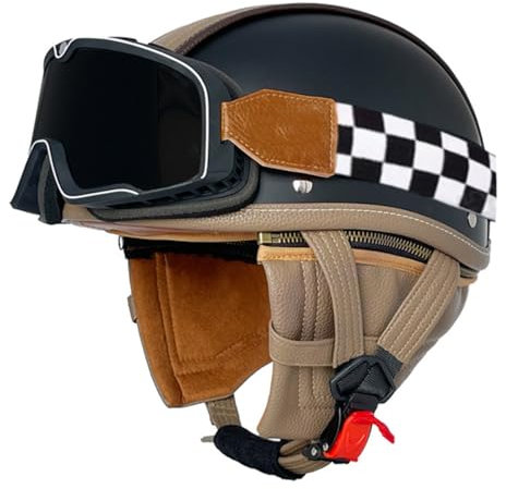 Retrò Elmetto Tedesco Pelle Casco Motociclista ECEDOT Omologato Caschi Jet E Demi-Jet Moto Con Occhiali Scooter Cruiser Mezzo Casco Scodella Per Universale Uomo Donna 5,M:57-58CM