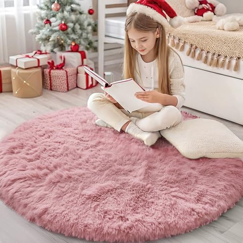 Homaxy Hochflor Waschbar Groß Teppich Wohnzimmer 160 cm Rund, Rosa | Anti-Rutsch Unterseite Teppiche, Flauschig Mädchen Teppich fürs Kinderzimmer, Schlafzimmer