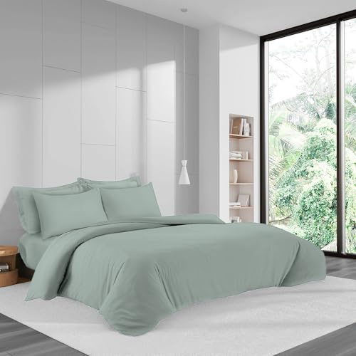 LYMA Bedding Duvet Cover Set Super King Plain, OEKO-TEX Certified, Ultra Soft NanoPlush Double Brushed Quick Dry Fabric, Button Closure Wrinkle Fade Resistant Quilt Cover with Pillowcases (Sage Green)