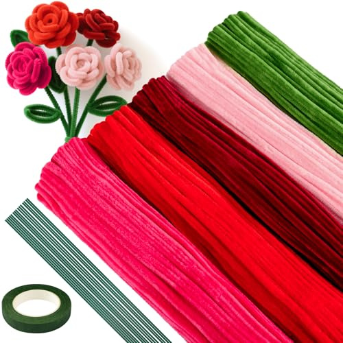 ASTARON 521 limpiapipas para manualidades, tallos de chenilla pastel de 5 colores para manualidades, kit para hacer flores con alambres florales y cinta de jardinería (rojo) Serie Rosa)
