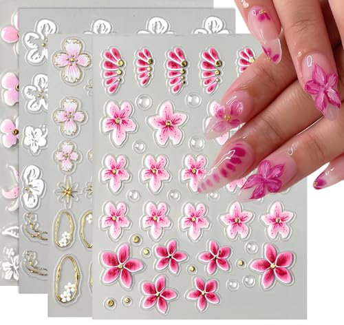 Shimmerz 4 feuilles de stickers pour ongles fleurs relaxation printanière lys nail art 3D fleurs en relief gabarits étoiles dorées cerisier pour déco d'ongles DIY